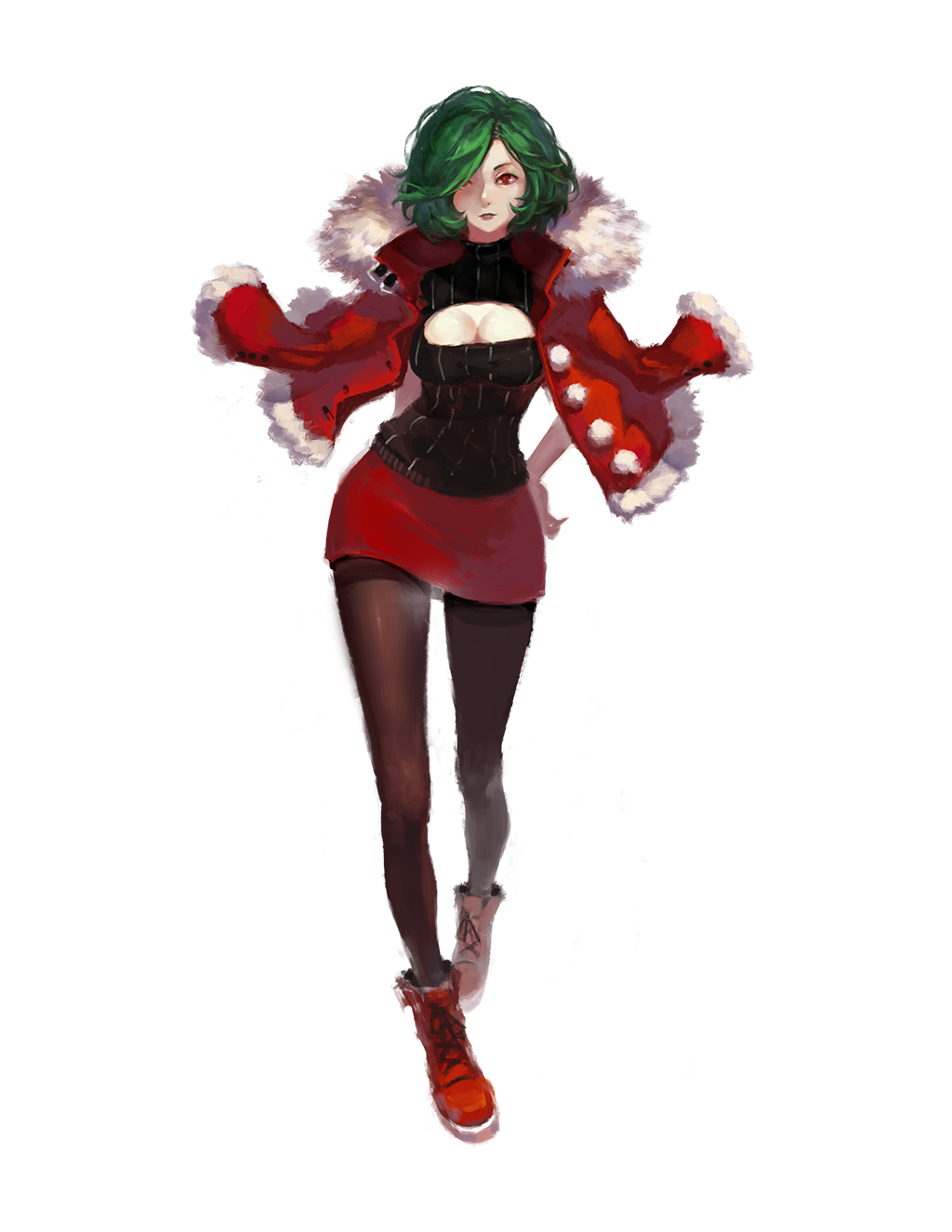 1girl alternate_costume arm_behind_back brown_legwear cleavage_cutout contrapposto full_body fur_trim green_hair hand_on_hip highres jacket_on_shoulders kazami_yuuka looking_at_viewer open-chest_sweater pantyhose pencil_skirt red_eyes ribbed_sweater short_hair simple_background skirt sola7764 solo standing sweater touhou turtleneck white_background