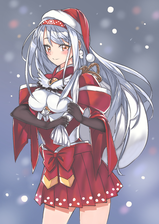 1girl alternate_costume blush breasts cowboy_shot hairband hat kantai_collection long_hair orange_eyes pleated_skirt sack santa_costume santa_hat sensen shoukaku_(kantai_collection) silver_hair skirt smile snow solo very_long_hair