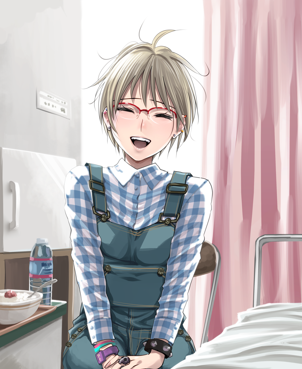 1girl :d ^_^ bed bedside blonde_hair bottle bracelet checkered_shirt closed_eyes ear_piercing earrings glasses highres hospital_bed jewelry looking_at_viewer open_mouth original overalls pao_(otomogohan) piercing red-framed_glasses ring short_hair sitting smile solo