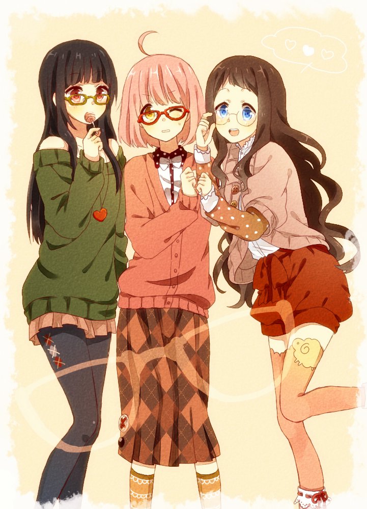 3girls adjusting_glasses ahoge amber_eyes bangs bare_shoulders black_hair black_legwear blue_eyes bowtie brown_hair buttons candy cardigan casual frills glasses heart heart_necklace jewelry kneehighs kotori_(gokigen_iori) kuriyama_mirai kyoukai_no_kanata licking lollipop long_hair long_skirt long_sleeves looking_at_viewer multiple_girls nase_mitsuki necklace open_mouth orange_legwear pantyhose pink_hair pleated_skirt polka_dot puffy_pants red_eyes ribbon rimless_glasses shindou_ai shirt short_hair skirt smile standing standing_on_one_leg sweater thighhighs very_long_hair white_shirt wink