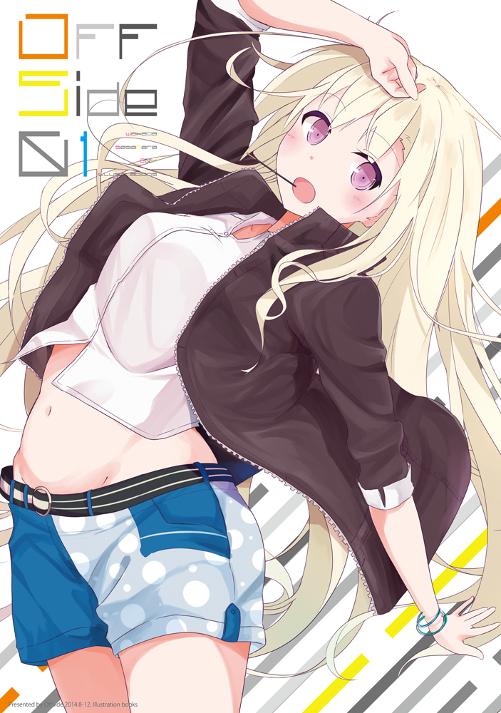 1girl casual cover cover_page doujin_cover jacket light_brown_hair long_hair looking_at_viewer navel open_mouth original pocky sasahara_wakaba shorts solo violet_eyes