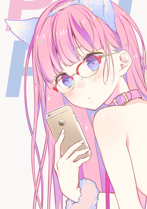 1girl animal_ears bare_shoulders blue_eyes blush cat_ears cellphone collarbone fake_animal_ears long_hair phone pink_hair solo wogura