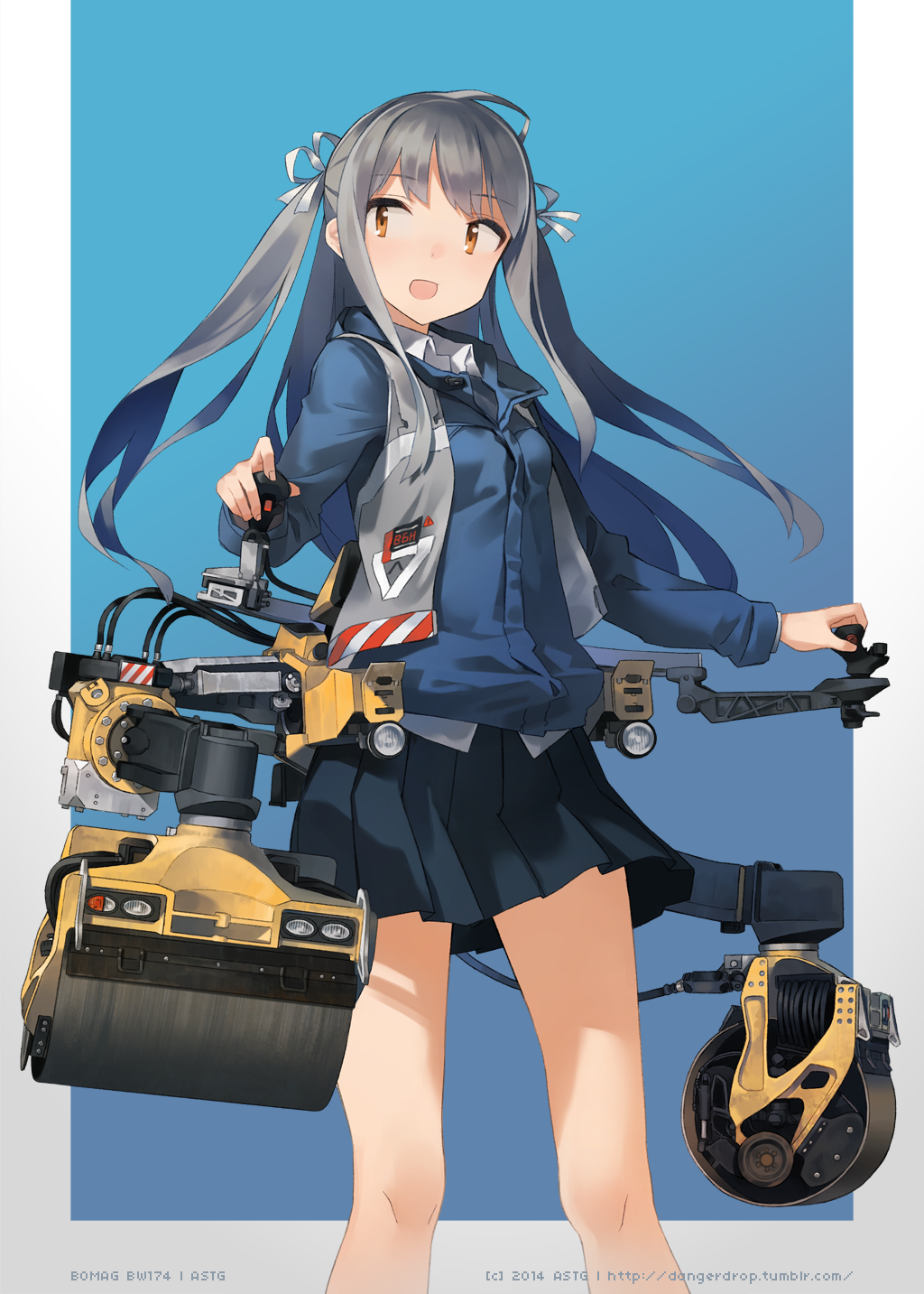 1girl artist_name astg bomag brown_eyes grey_hair hair_ribbon highres mecha_musume open_mouth original personification ribbon skirt solo steamroller two_side_up watermark web_address