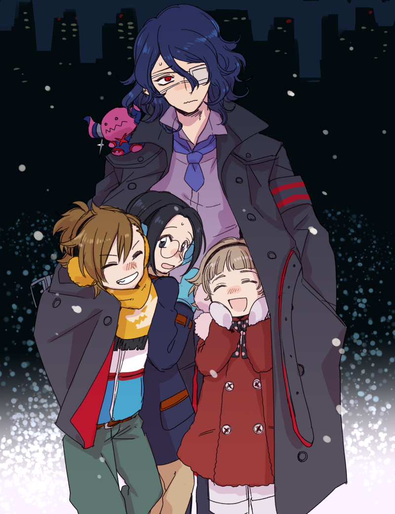 4boys animal_hood asselin_bb_ii black_hair blue_eyes blue_hair blush brown_hair closed_eyes coat earmuffs eyepatch fang glasses gloves himeno_kanon hood idolmaster idolmaster_side-m kareido male mittens multiple_boys necktie okamura_nao open_mouth red_eyes smile snow sweat tachibana_shirou