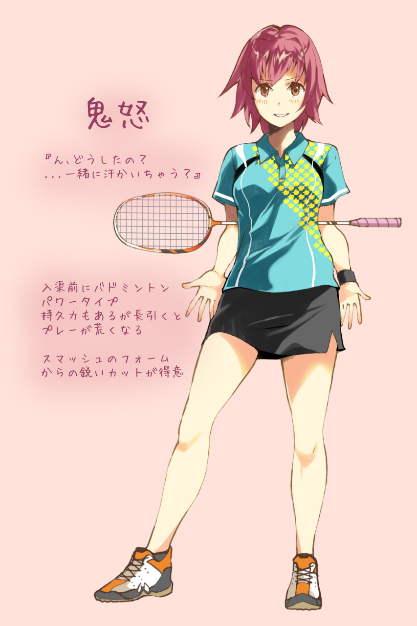 1girl alternate_costume badminton_racket full_body highres kantai_collection kinu_(kantai_collection) looking_at_viewer pink_background racket red_eyes redhead sahuyaiya shoes short_hair shorts simple_background skirt smile sneakers solo sportswear standing sweatband t-shirt tennis_racket tennis_uniform translation_request