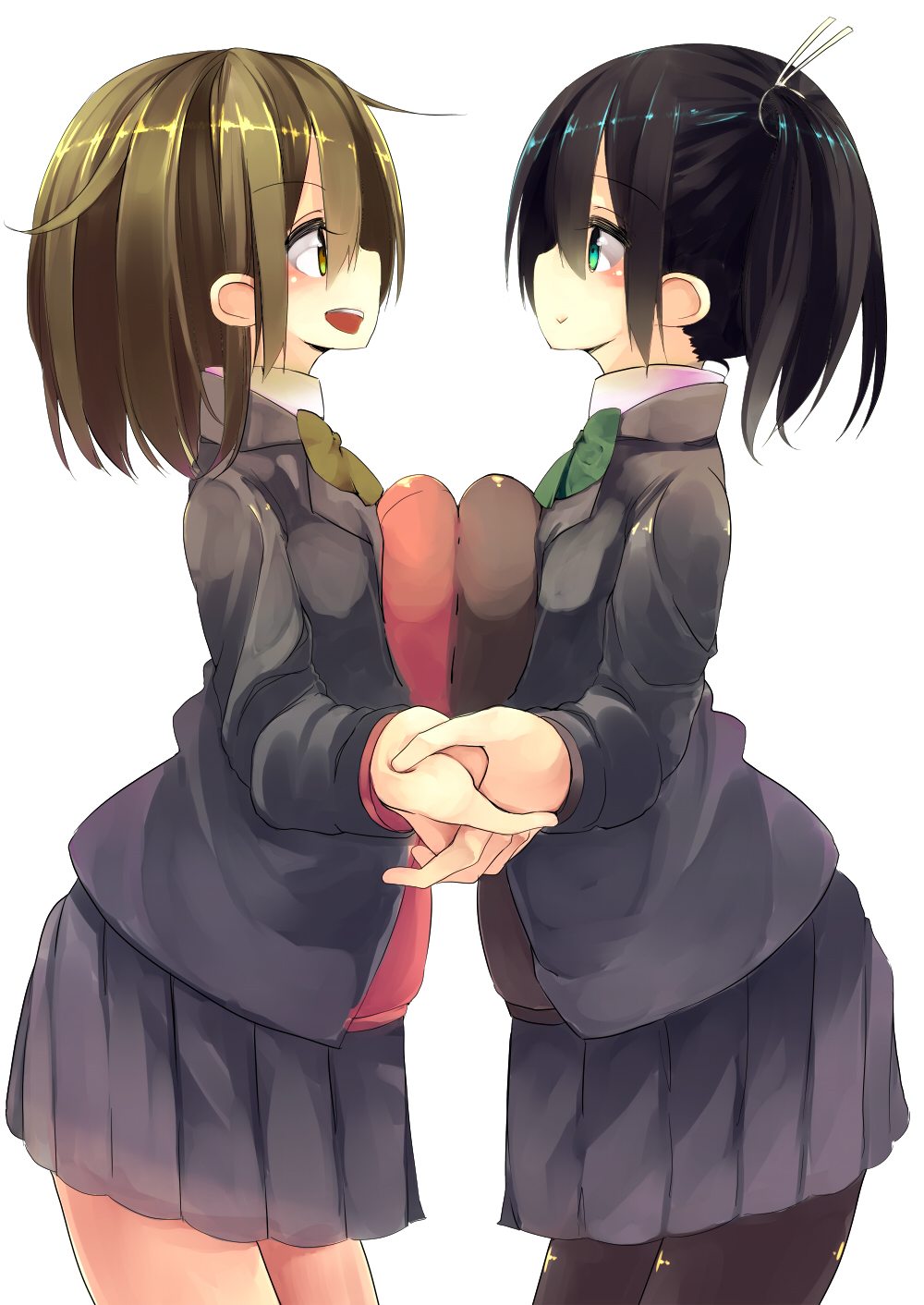 2girls alternate_costume black_legwear blazer breast_press breasts green_eyes highres hiryuu_(kantai_collection) holding_hands jacket kantai_collection large_breasts looking_at_another miniskirt multiple_girls open_clothes open_jacket pantyhose pleated_skirt school_uniform shiratama_mochi short_hair short_twintails skirt souryuu_(kantai_collection) symmetrical_docking twintails uniform white_blouse yellow_eyes