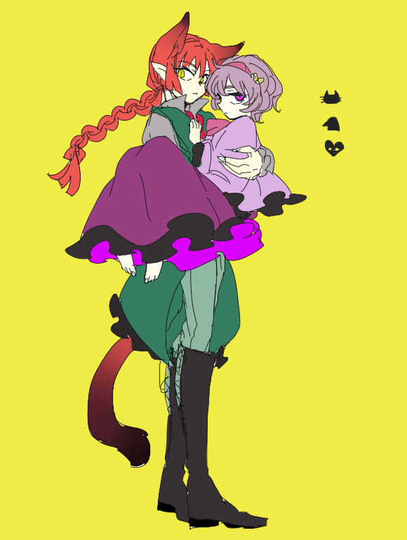 1boy 1girl animal_ears barefoot boots braid carrying cat_ears cat_tail genderswap hand_on_another's_chest heart kaenbyou_rin looking_at_viewer pink_hair princess_carry redhead simple_background tagme tail touhou violet_eyes yellow_eyes