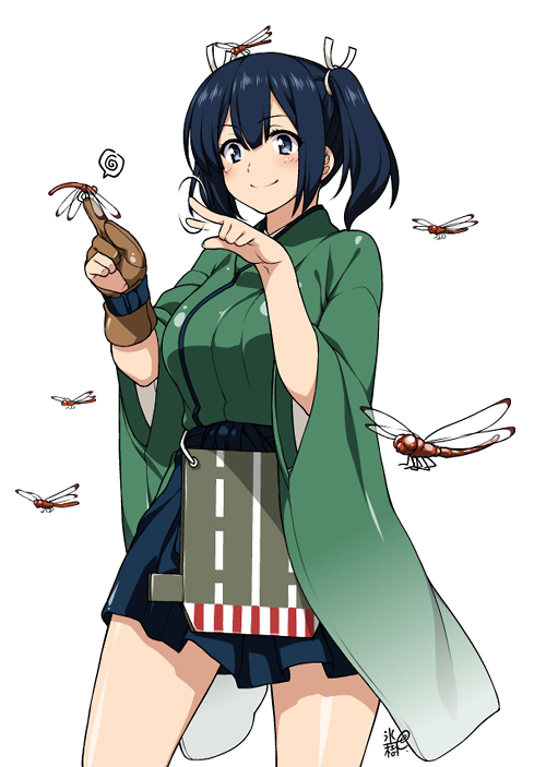 1girl archery blue_eyes blue_hair blush breasts dragonfly flight_deck hair_ribbon hyouju_issei japanese_clothes kantai_collection large_breasts ribbon short_hair short_twintails single_glove skirt smile solo souryuu_(kantai_collection) twintails yugake