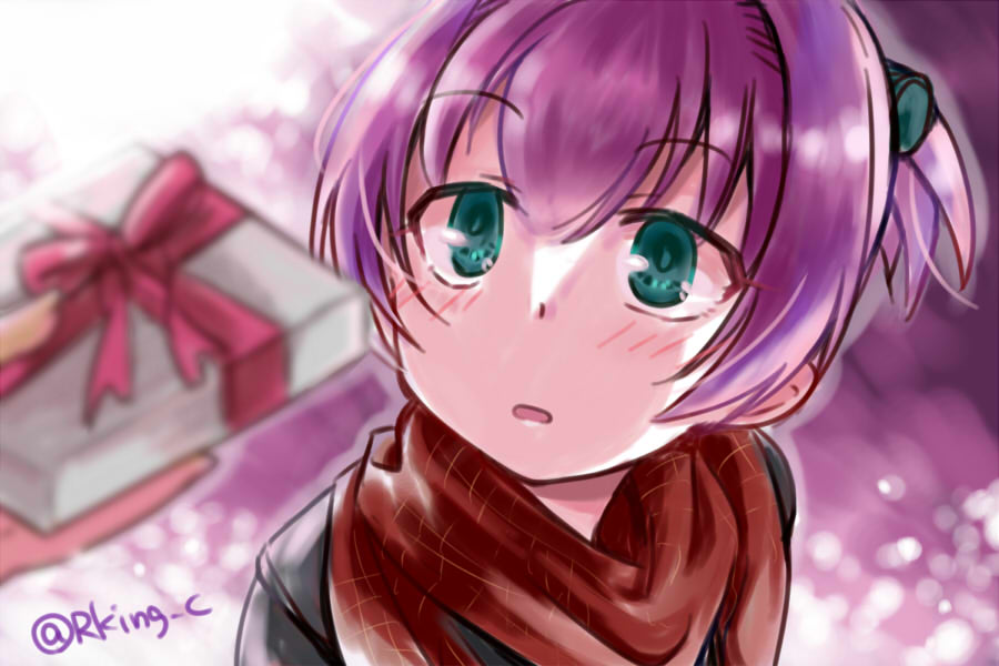 1girl blue_eyes blush box coat gift gift_box giving hair_ornament kantai_collection looking_at_viewer pink_hair ponytail pov pov_eye_contact r-king red_scarf scarf shiranui_(kantai_collection) short_ponytail solo_focus twitter_username winter_clothes