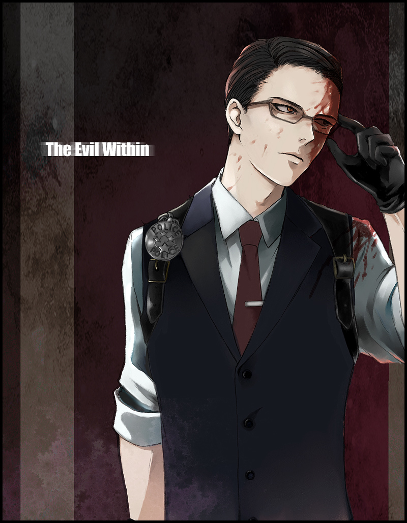 1boy adjusting_glasses astronotus black_hair blood blood_on_face glasses joseph_oda red_eyes solo the_evil_within vest waistcoat