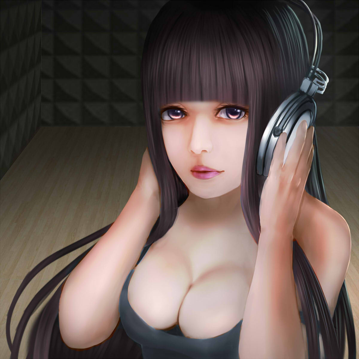 1girl breast_squeeze breasts brown_hair bust cleavage eyelashes hands_on_headphones headphones hexelica highres indoors large_breasts lips lipstick long_hair looking_at_viewer makeup nose original parted_lips pink_eyes pink_lipstick solo strap_slip studio tank_top wooden_floor