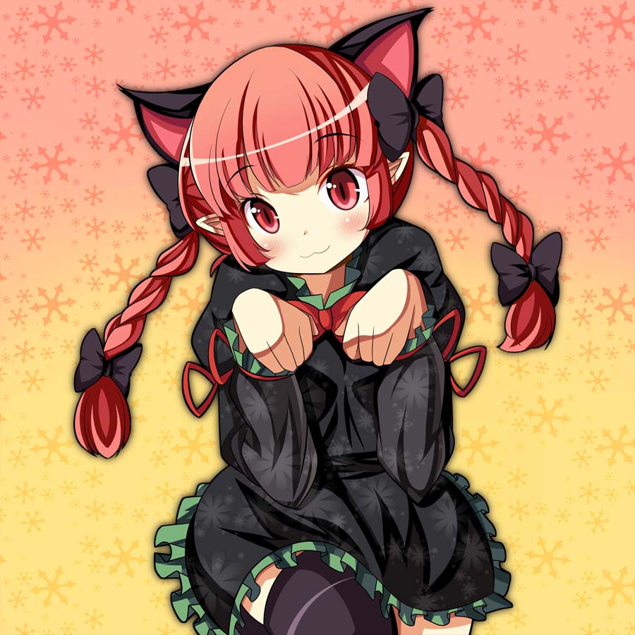 1girl :3 animal_ears black_dress black_legwear blush bow braid cat_ears dress extra_ears floral_print hair_bow juliet_sleeves kaenbyou_rin long_hair long_sleeves looking_at_viewer oimo_(imoyoukan) paw_pose pointy_ears puffy_sleeves red_eyes redhead solo thigh-highs touhou twin_braids zettai_ryouiki