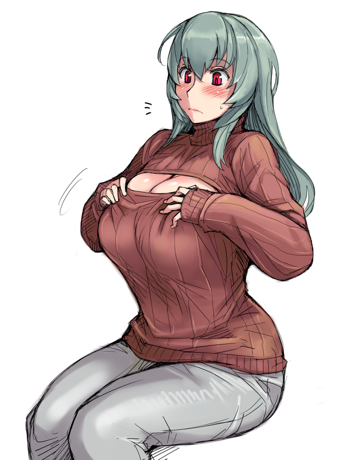 1girl blush breasts cleavage cleavage_cutout denim jeans large_breasts long_hair older open-chest_sweater pants red_eyes ribbed_sweater rozen_maiden silver_hair solo suigintou sweatdrop sweater tsuda_nanafushi turtleneck