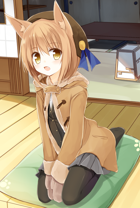 1girl animal_ears black_legwear brown_hair cat_ears cushion hat looking_at_viewer mittens open_mouth original pantyhose pleated_skirt seiza short_hair sitting skirt solo v_arms winter_clothes winter_coat wooden_floor yellow_eyes yuuhagi_(amaretto-no-natsu)