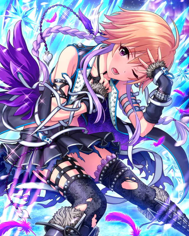 asymmetrical_armwear asymmetrical_clothes asymmetrical_legwear asymmetrical_thigh-highs belts blonde_hair blue_background boots braids feathers gloves hand_on_head idolmaster idolmaster_cinderella_girls jacket light midriff ninomiya_asuka open_mouth punk purple_background purple_hair ribbons skirt sleeveless thighhighs torn_clothes torn_skirt torn_thighhighs twintails two-tone_hair violet_eyes wings wink