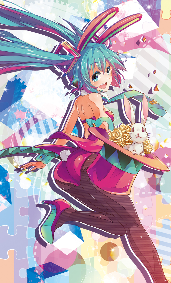 1girl animal_ears ass bare_shoulders blue_eyes blue_hair brown_legwear bunny_girl bunny_tail bunnysuit fake_animal_ears fishnet_pantyhose fishnets hair_ornament hat hatsune_miku high_heels highres k2pudding long_hair necktie open_mouth pantyhose rabbit rabbit_ears smile solo tail top_hat twintails very_long_hair vocaloid wrist_cuffs