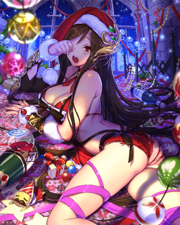 1girl alcohol arm_warmers ass bare_shoulders bikini black_hair box breasts champagne christmas christmas_ornaments cleavage cup empew from_behind gift gift_box hat hip_flask indoors long_hair looking_at_viewer lying neck_ribbon on_floor on_stomach open_mouth original red_bikini red_eyes ribbon rubbing_eyes santa_hat shade solo swimsuit tenkuu_no_crystalia very_long_hair waking_up window wine wine_bottle wine_glass yawning