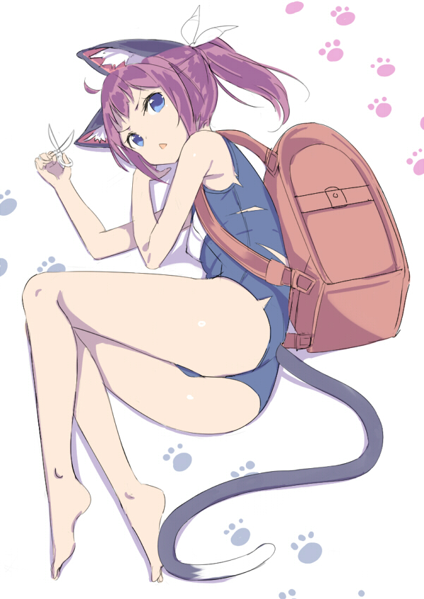 1girl ahoge animal_ears backpack bag bare_legs barefoot blue_eyes cat_ears cat_tail fenrirr hair_ribbon lying on_side one-piece_swimsuit paw_print ponytail purple_hair randoseru ribbon school_swimsuit scissors short_hair solo swimsuit tail torn_clothes torn_swimsuit white_background