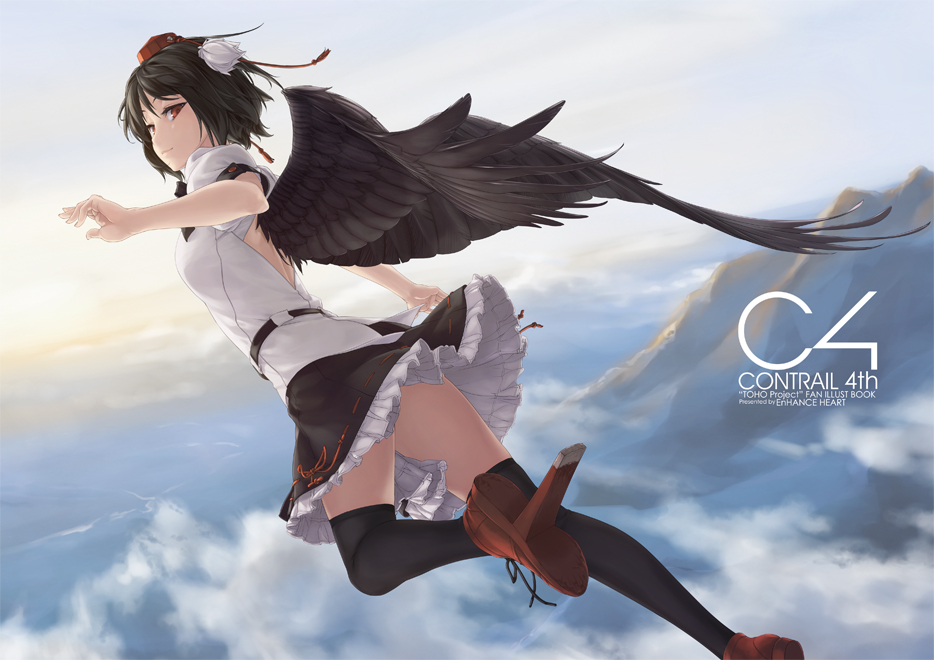 1girl back_cutout black_hair black_legwear black_wings clouds flying geta hat red_eyes rokuwata_tomoe shameimaru_aya short_hair skirt sky solo tengu-geta thigh-highs tokin_hat touhou wings