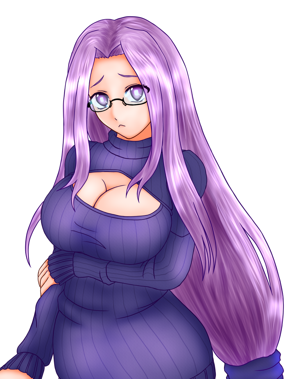 1girl :&lt; bespectacled blush breasts cleavage cleavage_cutout fate/stay_night fate_(series) glasses highres large_breasts long_hair low-tied_long_hair open-chest_sweater purple_hair ribbed_sweater rider semi-rimless_glasses solo sweater turtleneck under-rim_glasses very_long_hair watanabe_(watase)