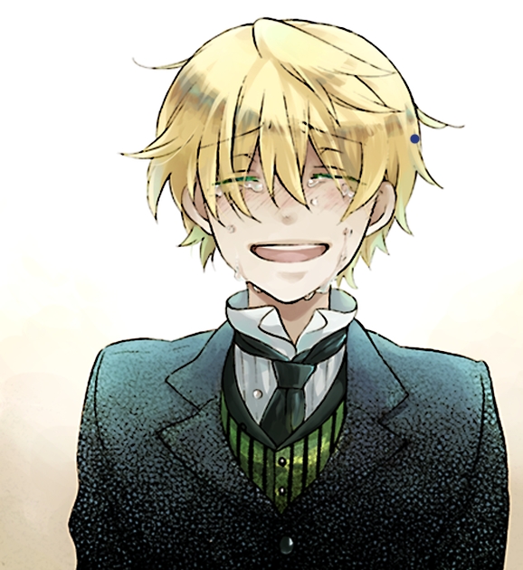 1boy blonde_hair bust closed_eyes crying formal necktie open_mouth oz_vessalius pandora_hearts short_hair simple_background smile solo suit tears vest wavewhisper
