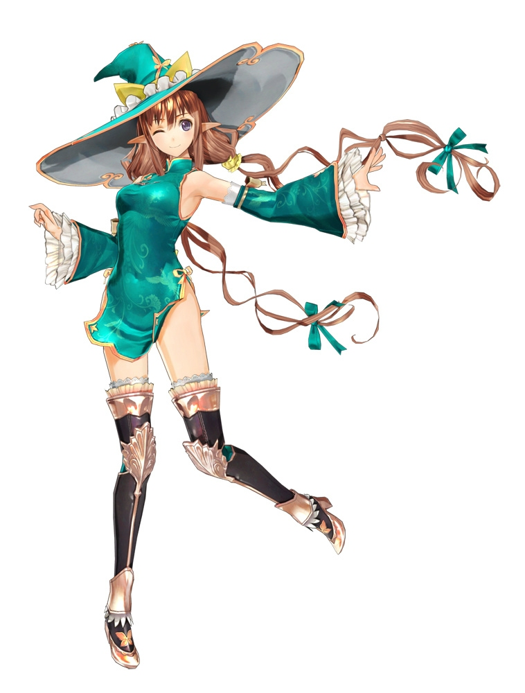 1girl boots breasts brown_hair detached_sleeves hat impossible_clothes long_hair long_sleeves pointy_ears rinna_mayfield sega shining_(series) shining_resonance solo taka_tony tanaka_takayuki thigh-highs thigh_boots twintails very_long_hair violet_eyes winking witch_hat