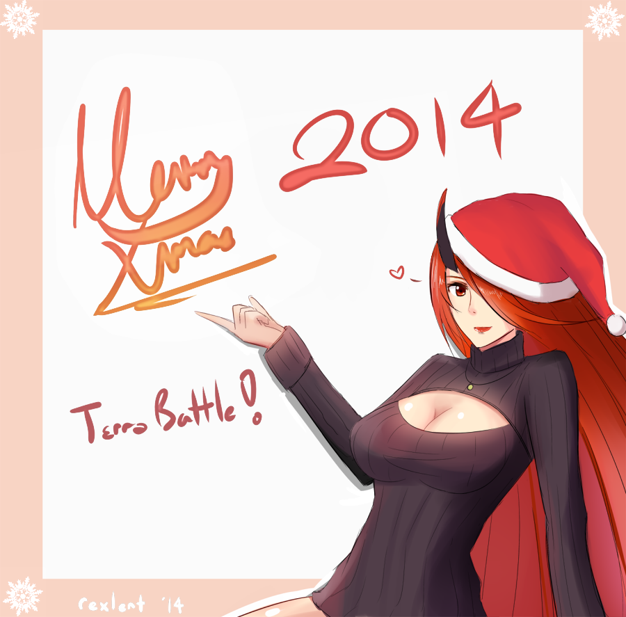 1girl 2014 breasts cleavage cleavage_cutout daiana_(terra_battle) hair_over_one_eye horn lips long_hair merry_christmas naked_sweater open-chest_sweater red_eyes redhead rexlent ribbed_sweater solo sweater terra_battle turtleneck very_long_hair