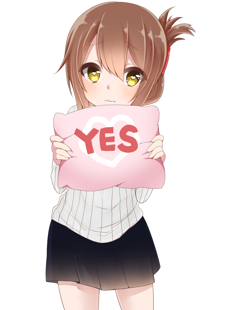 1girl akky_(akimi1127) brown_hair cowboy_shot folded_ponytail heart heart-shaped_pupils highres inazuma_(kantai_collection) kantai_collection looking_at_viewer pillow ribbed_sweater short_hair simple_background solo sweater symbol-shaped_pupils white_background yellow_eyes yes yes-no_pillow