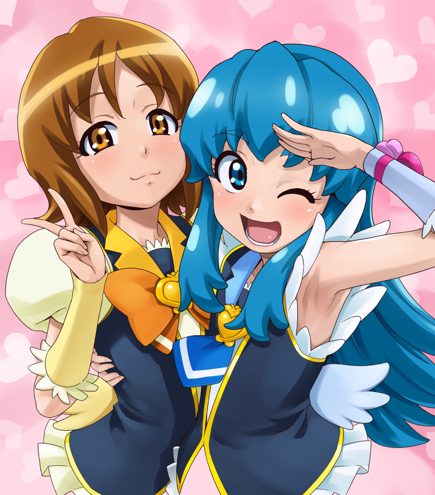 2girls ;d blue_eyes blue_hair bowtie brooch brown_eyes brown_hair cure_honey cure_princess happinesscharge_precure! heart heart_background jewelry long_hair magical_girl multiple_girls necktie one_eye_closed oomori_yuuko open_mouth pink_background precure sakecho shirayuki_hime short_hair smile v wrist_cuffs