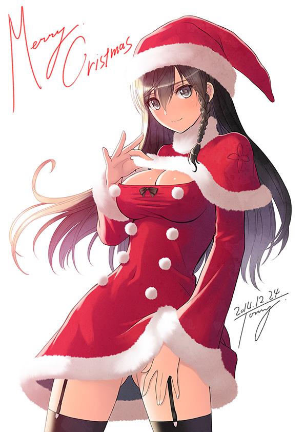 1girl black_legwear braid breasts dated english garter_straps hat long_hair looking_at_viewer no_panties original santa_costume santa_hat shiny shiny_skin signature smile solo taka_tony tanaka_takayuki thigh-highs