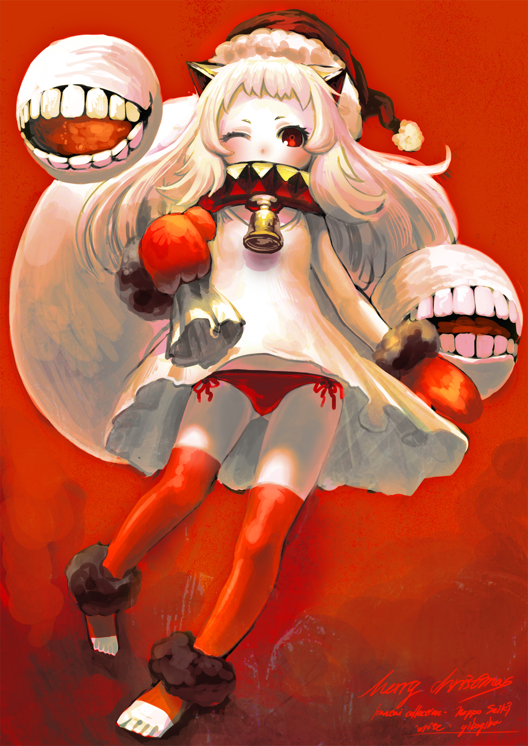 1girl bell covered_mouth dress floating_fortress_(kantai_collection) gibagiba hat highres horns kantai_collection long_hair looking_at_viewer mittens northern_ocean_hime one_eye_closed panties red_eyes red_panties santa_hat side-tie_panties solo underwear white_dress white_hair white_skin