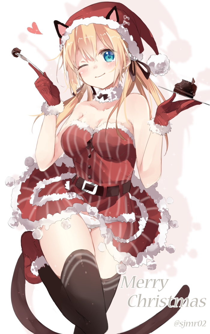 1girl animal_ears blonde_hair blue_eyes breasts cat_ears cat_tail christmas cleavage dress fake_animal_ears gloves hair_ornament hair_ribbon hat heart kantai_collection long_hair looking_at_viewer merry_christmas moose one_eye_closed panties pantyshot prinz_eugen_(kantai_collection) ribbon santa_hat shijima_(sjmr02) smile tail thigh-highs twintails underwear white_panties