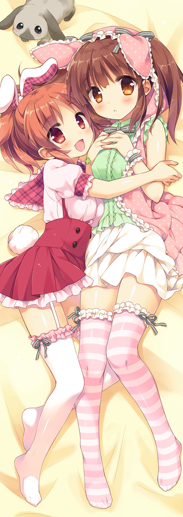 2girls :d :o abe_nana animal_ears animal_hood bangs bed_sheet blush bow bow_legwear bowtie bracelet brown_eyes brown_hair bunny_hood bunny_tail clover cuddling dress embarrassed eyebrows frilled_legwear frilled_shirt frilled_skirt frills full_body garter_straps green_shirt hands_on_own_chest hooded_jacket hug idolmaster idolmaster_cinderella_girls jewelry layered_skirt legs_on_another's_lap long_image looking_at_viewer lying multiple_girls no_shoes ogata_chieri on_back on_bed on_side open_mouth overall_skirt pink_dress pink_shirt plaid pleated_dress polka_dot_shirt ponytail rabbit rabbit_ears red_eyes redhead skirt smile striped striped_legwear suimya tail thigh-highs white_skirt yellow_background zettai_ryouiki