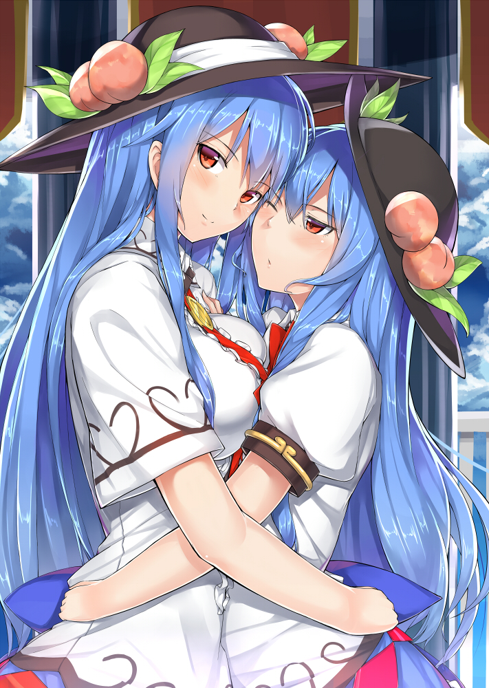 2girls alternate_breast_size asymmetrical_docking blush breast_envy breast_press bust dual_persona food fruit hat hinanawi_tenshi hug long_hair looking_at_viewer multiple_girls neropaso one_eye_closed peach red_eyes solo touhou very_long_hair