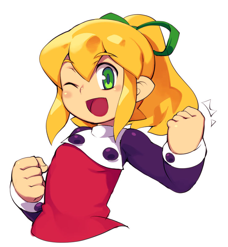 1girl ;d blonde_hair buttons clenched_hands green_eyes hair_ribbon long_hair long_sleeves one_eye_closed open_mouth payot ponytail puffy_long_sleeves puffy_sleeves ribbon rockman rockman_(classic) roll smile solo toufu_yarou