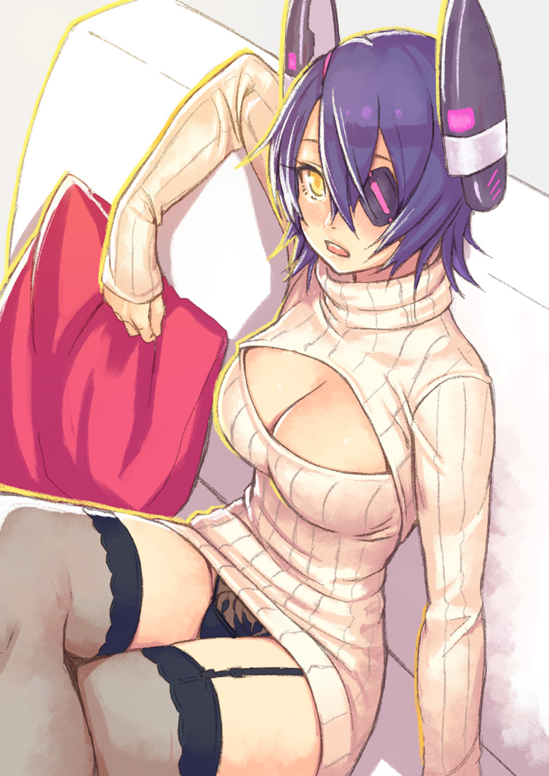 1girl and black_panties blush breasts cleavage cleavage_cutout couch crossed_legs eyepatch garter_straps headgear kantai_collection large_breasts long_sleeves looking_at_viewer open-chest_sweater open_mouth panties pillow ribbed_sweater short_hair sitting solo sweater tenryuu_(kantai_collection) thigh-highs turtleneck underwear violet_eyes yellow_eyes zettai_ryouiki