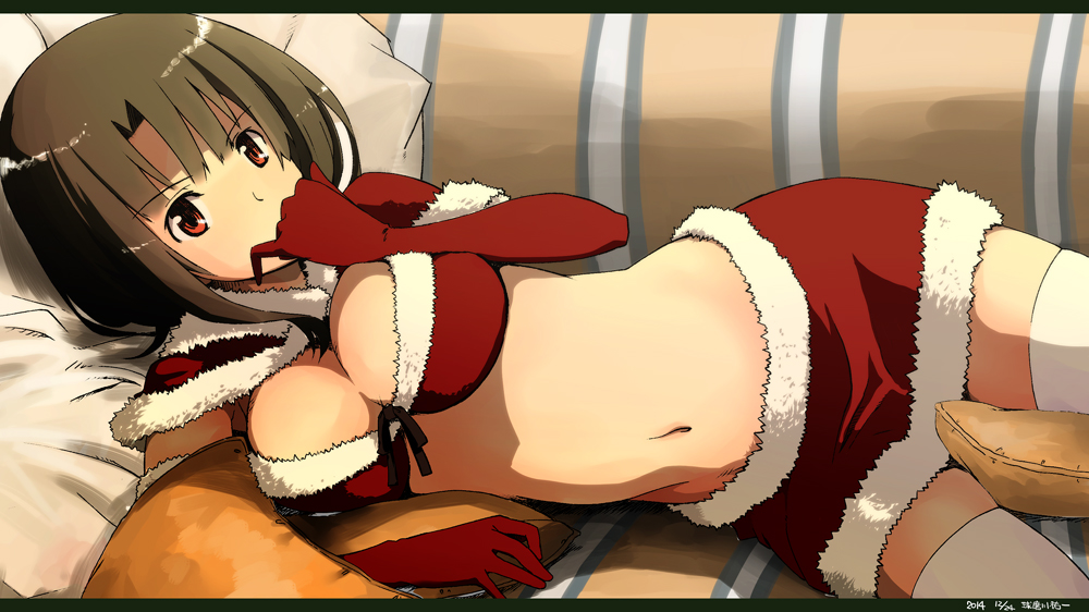 1girl alternate_costume breasts brown_hair cleavage elbow_gloves gloves kantai_collection letterboxed looking_at_viewer lying navel red_eyes red_gloves santa_costume short_hair solo takao_(kantai_collection) thigh-highs white_legwear yunsuku
