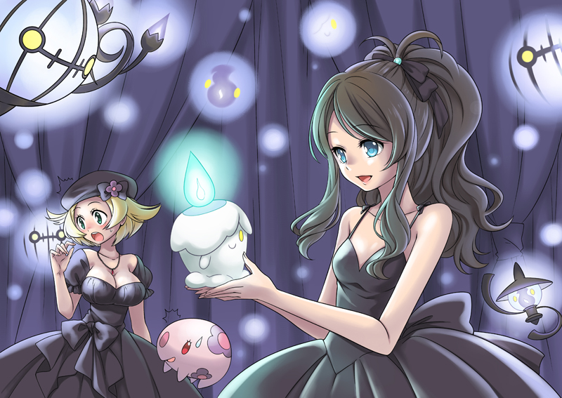 2girls bare_shoulders bel_(pokemon) black_hair blonde_hair blue_eyes breasts chandelure cleavage dress green_eyes lampent litwick mono_land multiple_girls munna pokemon pokemon_(creature) pokemon_(game) pokemon_bw touko_(pokemon)