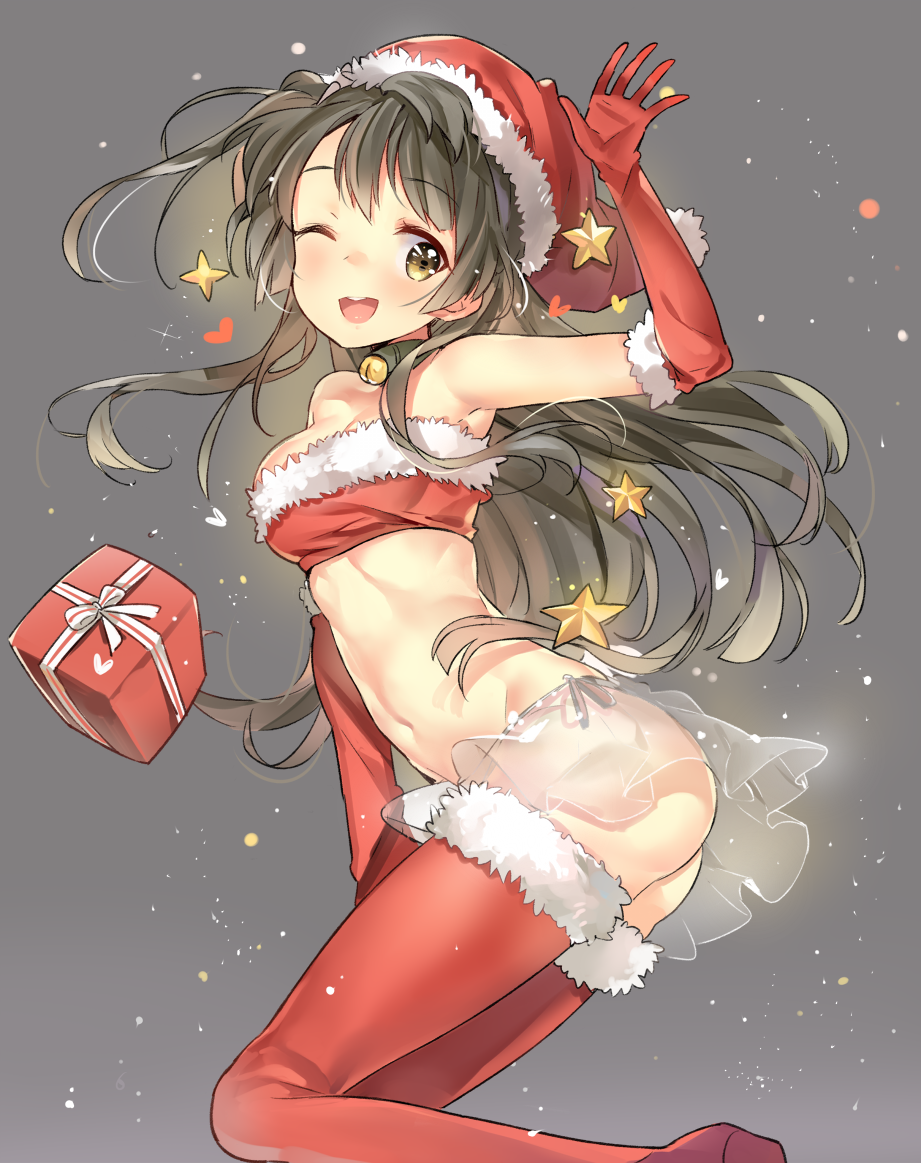 ;d alternate_costume arm_up ass bare_shoulders blush brown_hair cozyquilt elbow_gloves from_side fur_trim gift gloves grey_background hat love_live!_school_idol_project minami_kotori navel one_eye_closed open_mouth red_gloves santa_costume santa_hat see-through skirt smile star thigh-highs tubetop yellow_eyes