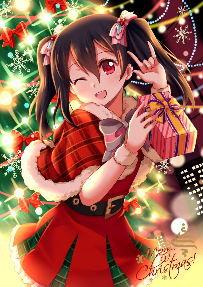 1girl ;d black_hair box christmas christmas_tree gift gift_box looking_at_viewer love_live!_school_idol_project merry_christmas one_eye_closed open_mouth red_eyes smile solo twintails villyane yazawa_nico