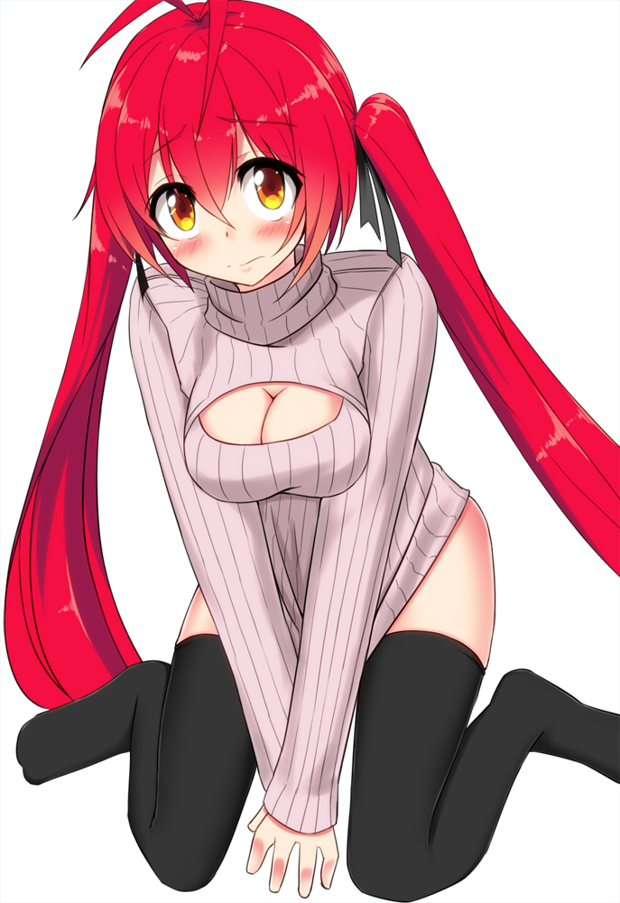 1girl antenna_hair black_legwear blush breasts cleavage cleavage_cutout long_hair open-chest_sweater ore_twintail_ni_narimasu redhead ribbed_sweater simple_background sitting solo sweater tail_red tendon0922 thigh-highs turtleneck twintails wariza white_background yellow_eyes