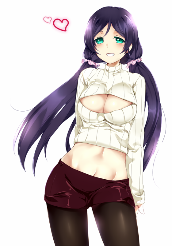 1girl breasts cleavage cleavage_cutout green_eyes heart long_hair love_live!_school_idol_project midriff miniskirt mizutori_mishi navel open-chest_sweater pantyhose purple_hair ribbed_sweater simple_background skirt smile sweater toujou_nozomi turtleneck twintails white_background
