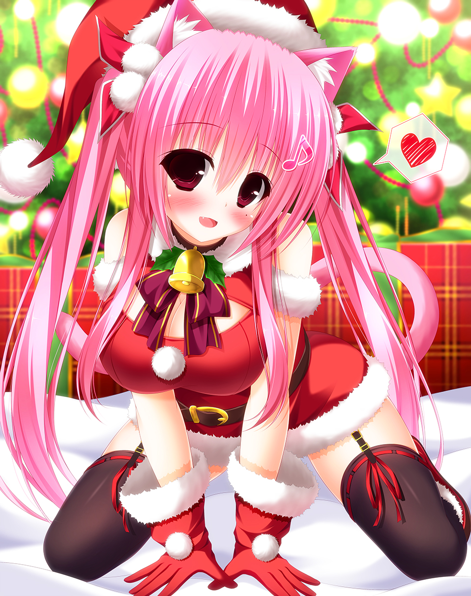 1girl :d animal_ears bell bell_collar black_legwear blush breasts cat_ears cat_tail christmas christmas_tree cleavage cleavage_cutout collar fang fur_trim garter_straps gloves hair_ornament halterneck hat heart highres kneeling musical_note open_mouth original pink_eyes pink_hair red_gloves santa_hat shocchan_(sanymph) smile spoken_heart tagme tail thigh-highs twintails