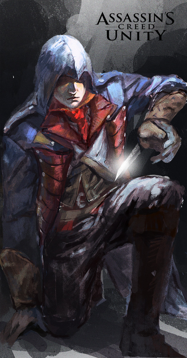 1boy arno_dorian assassin's_creed assassin's_creed:_unity copyright_name dagger freer highres hood solo squatting weapon