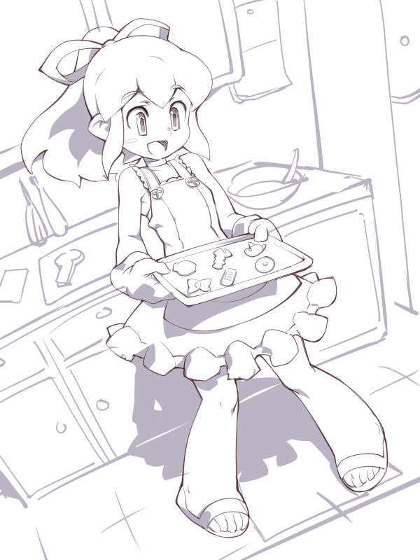 1girl :d blush cookie dress food hair_ribbon kitchen long_hair monochrome open_mouth oven_mitts payot ponytail ribbon rockman rockman_(classic) roll sandals smile solo sundress toufu_yarou tray