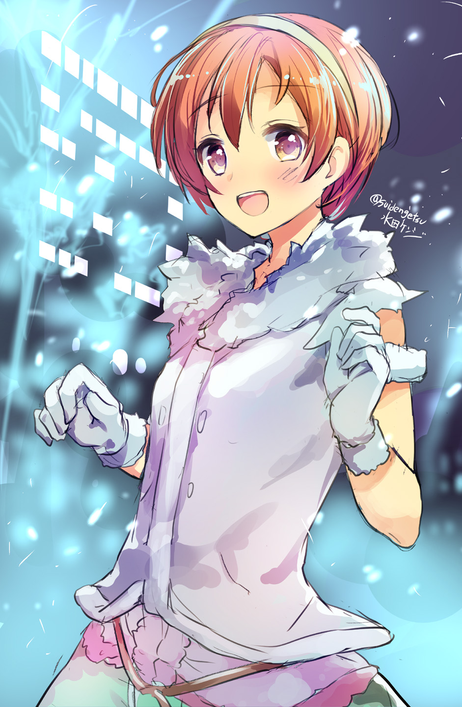 1girl :d alternate_eye_color artist_name blush bust gloves hairband highres hoshizora_rin looking_at_viewer love_live!_school_idol_project open_mouth orange_hair short_hair signature smile snow snow_halation snowing solo suidengetsu twitter_username violet_eyes white_gloves