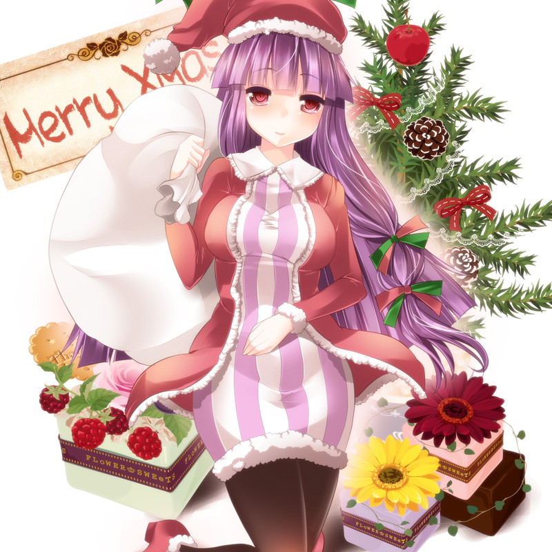 1girl adapted_costume blush breasts christmas_tree cowboy_shot flower fur_trim gift hat long_hair looking_at_viewer maki_(seventh_heaven_maxion) merry_christmas over_shoulder pantyhose patchouli_knowledge purple_hair sack santa_costume santa_hat smile solo touhou very_long_hair violet_eyes