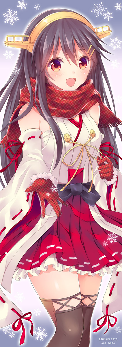 1girl :d black_hair detached_sleeves gloves hairband haruna_(kantai_collection) headgear highres kantai_collection long_hair mamekosora nontraditional_miko open_mouth red_eyes red_gloves red_skirt scarf skirt smile solo