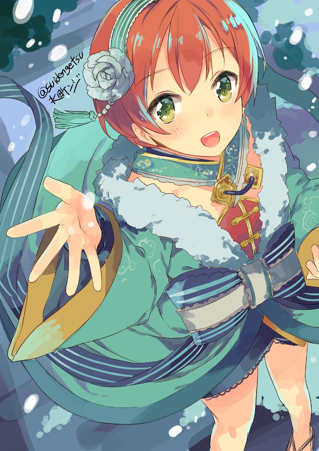 1girl :d artist_name fur_trim green_eyes hairband highres hoshizora_rin japanese_clothes kimono looking_at_viewer love_live!_school_idol_project obi open_mouth orange_hair outstretched_hand sash short_hair signature smile snow solo suidengetsu twitter_username