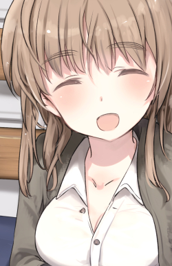 1girl blush breasts cleavage closed_eyes dress_shirt eyebrows hair_down jacket light_brown_hair long_hair lowres lynette_bishop open_mouth shimada_fumikane shirt smile solo strike_witches